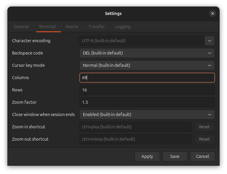Terminal settings